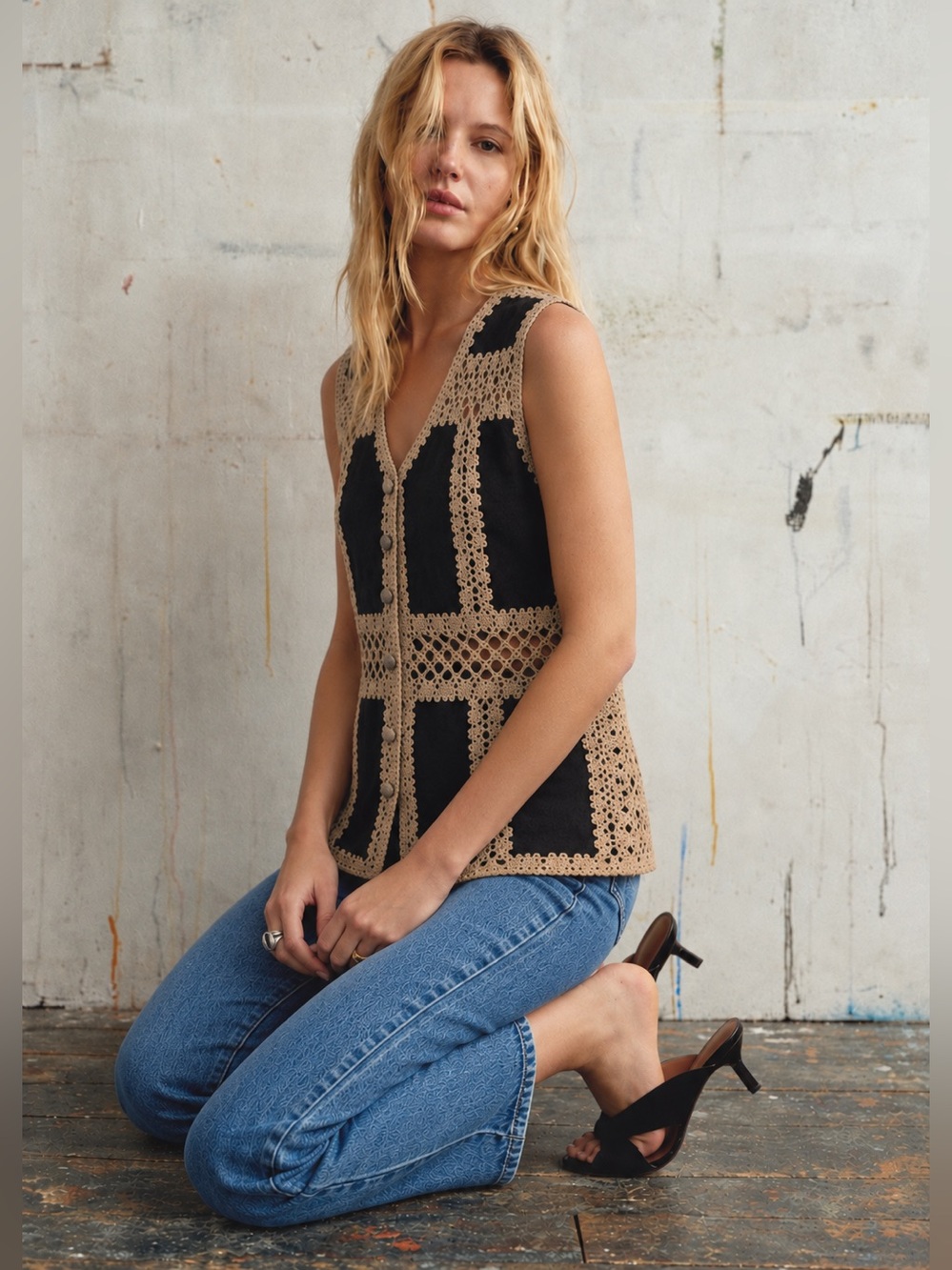 Tarri Vintage Suede Leather Crochet Vest M